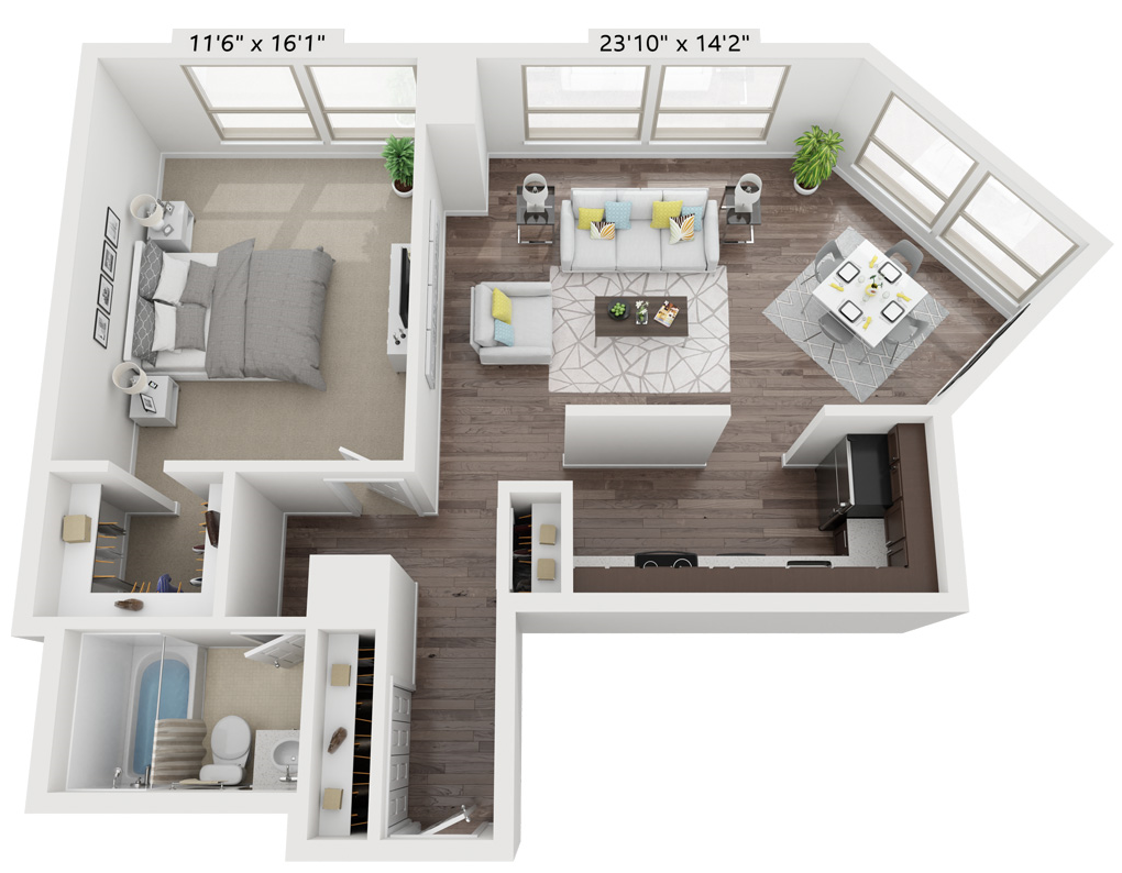 Floor plan for 1 bed, 1 bath, 757 sqft